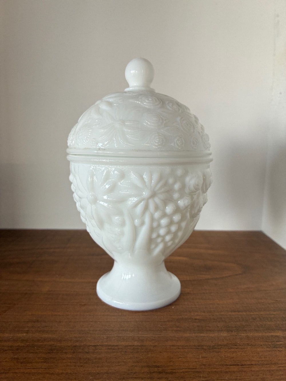 Vintage Avon Milk Glass Covered Candy Dish Pedestal | Egg Shaped Floral Pattern